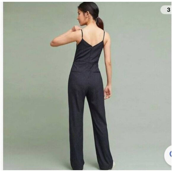NWT Anthropologie The Essential Pinstripe Jumpsuit Sz 6 Navy Blue White Straight - Picture 2 of 13